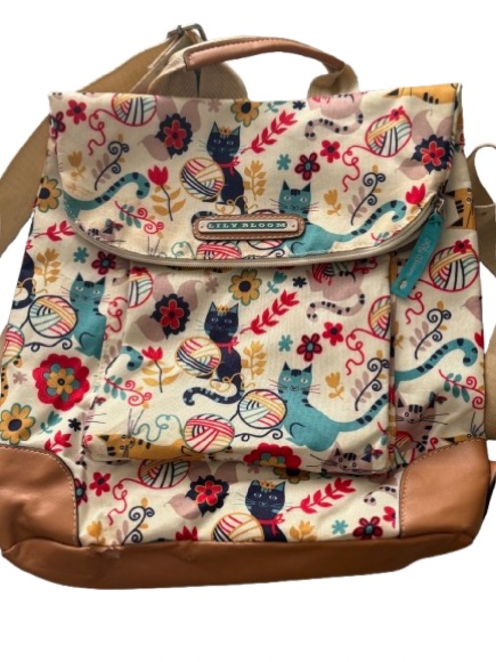 Lily Bloom Cat & Yarn Print Backpack Canvas Faux Leather Travel School Bag - Picture 2 of 7